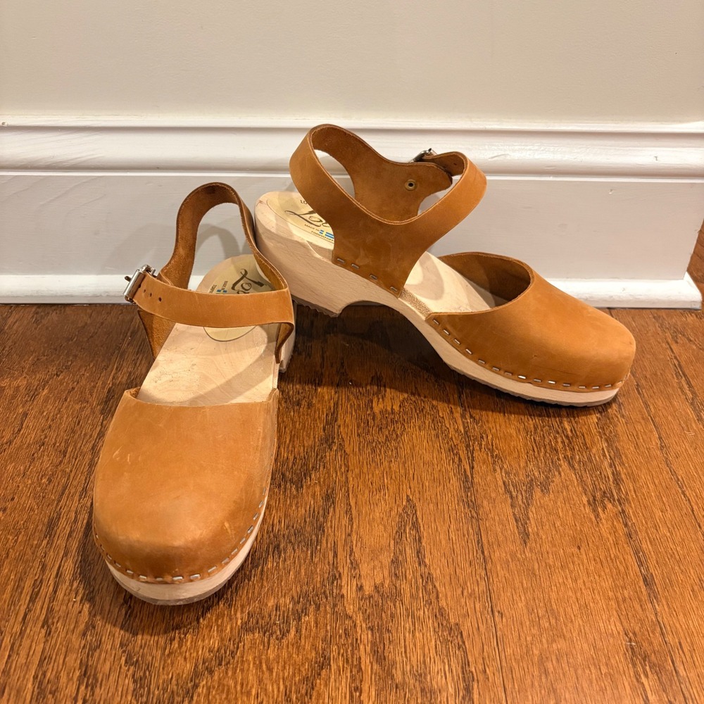 Lotta from Stockholm Swedish Low Wood Clog Sandals Tan Leather Heels Size 40